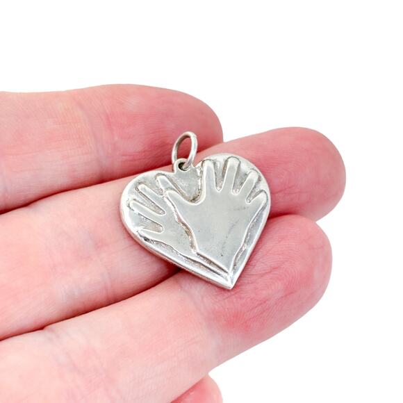 Vintage Sterling Silver 925 Raised Hand Design Heart Pendant - Picture 1 of 7